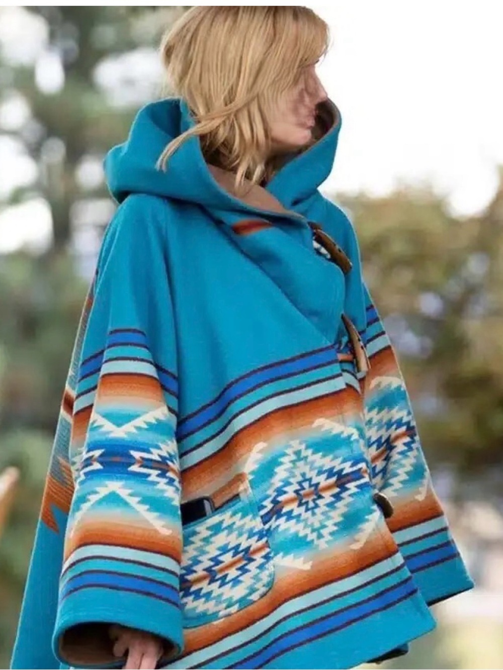 Vintage Horn Wool Blend Beth Dutton Inspried  Blue Hooded Jacket Poncho Coat - Picture 2 of 3